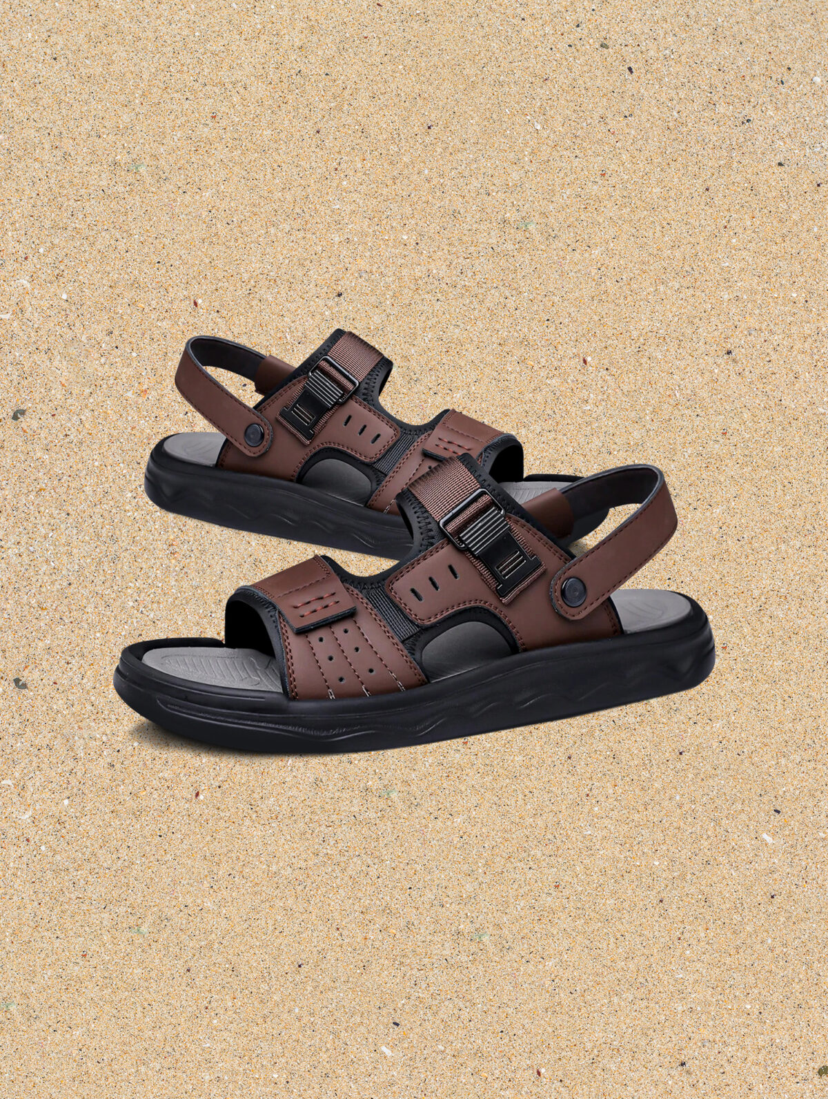 Men's Brown Slip-On Sandals - Thick EVA Sole, Buckle Strap - Image 1