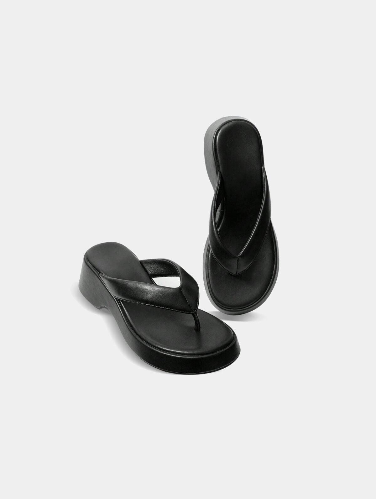 Women's Black Casual Flip Flops - Platform Wedge, Toe Post - Image 2