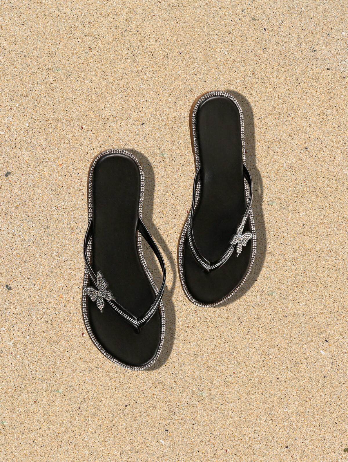 Women's Black Rhinestone Flip Flops - Butterfly Accent, Non-Slip - Image 1