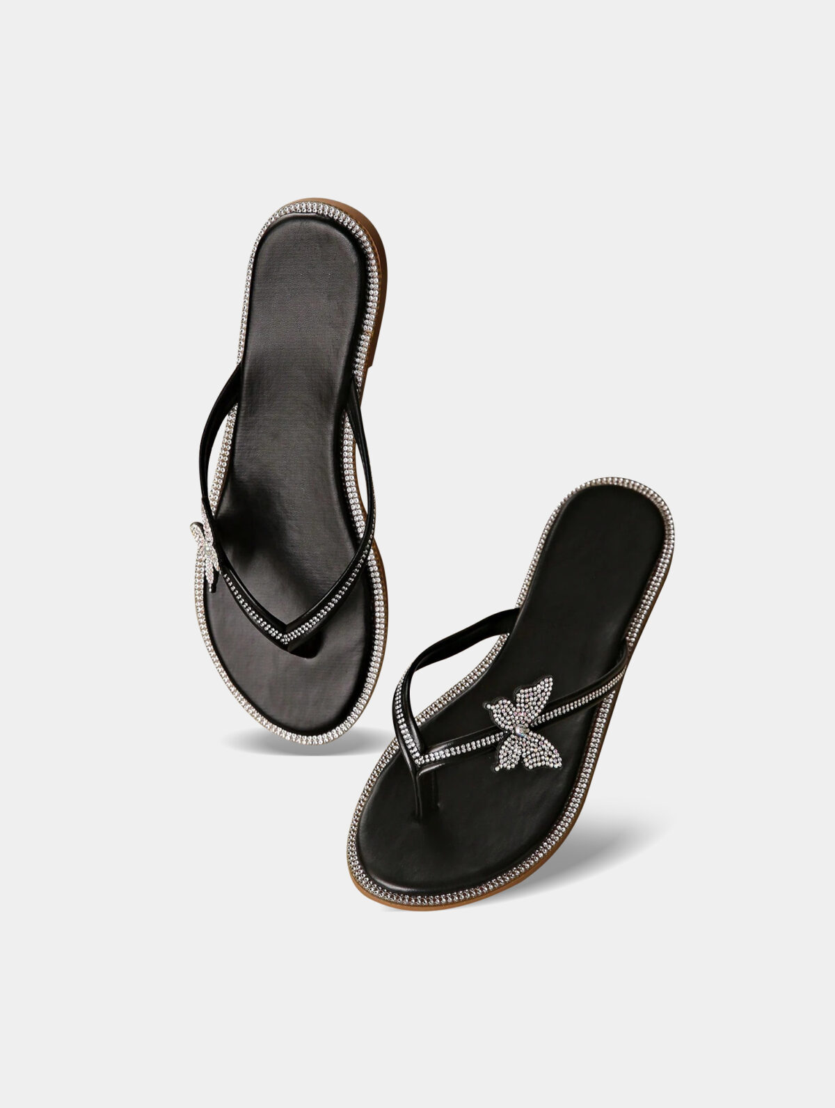 Women's Black Rhinestone Flip Flops - Butterfly Accent, Non-Slip - Image 2