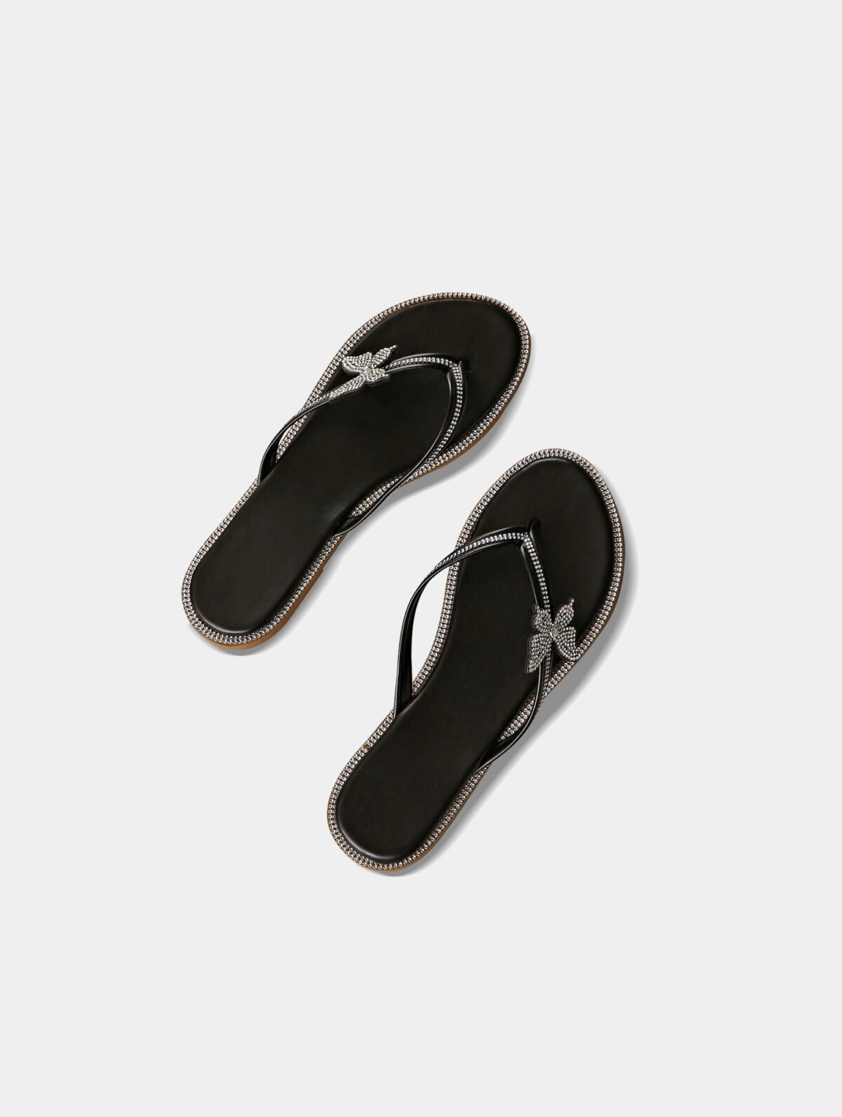 Women's Black Rhinestone Flip Flops - Butterfly Accent, Non-Slip - Image 3