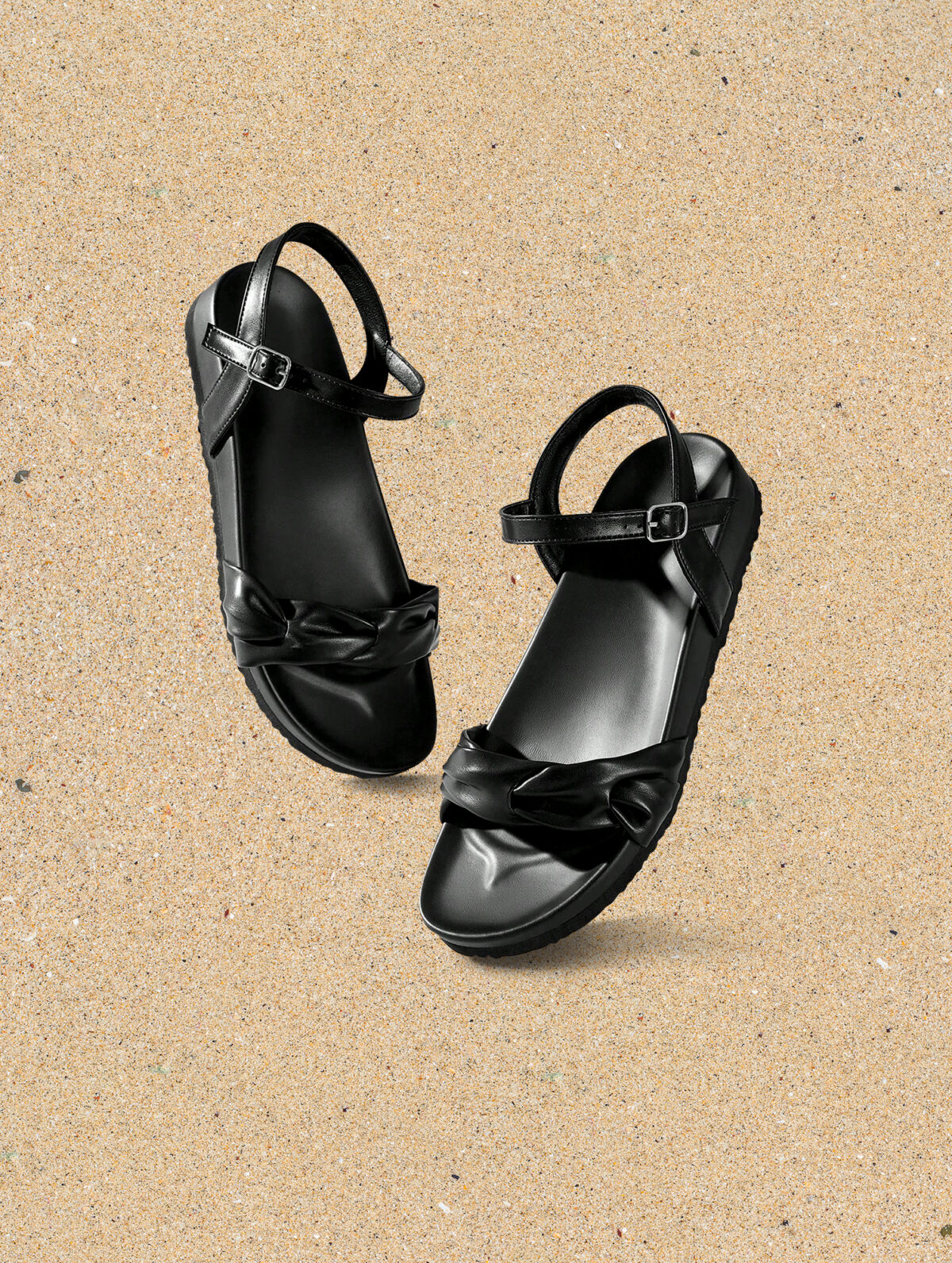 Women's Black Strappy Platform Sandals - Knot Detail, Rubber Sole - Image 1