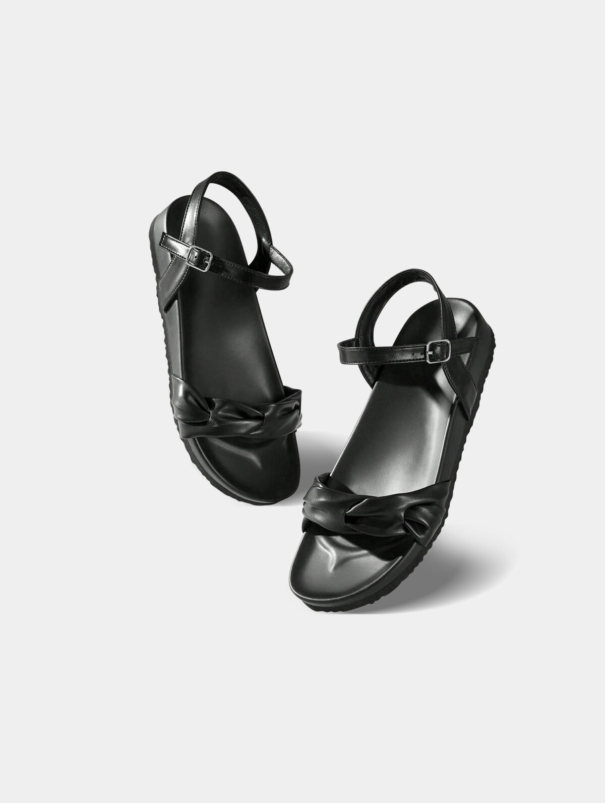 Women's Black Strappy Platform Sandals - Knot Detail, Rubber Sole - Image 2