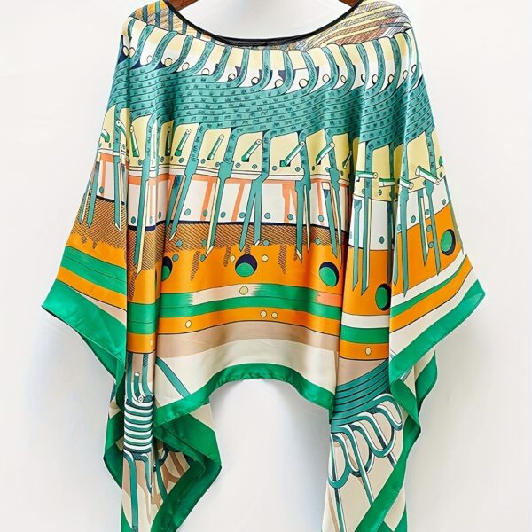 Women’s Boho Geometric Sun-Protective Beach Cover-Up – Lightweight Asymmetrical Round-Neck Top, Flowing Silhouette, Machine-Washable Resort & Summer Wear